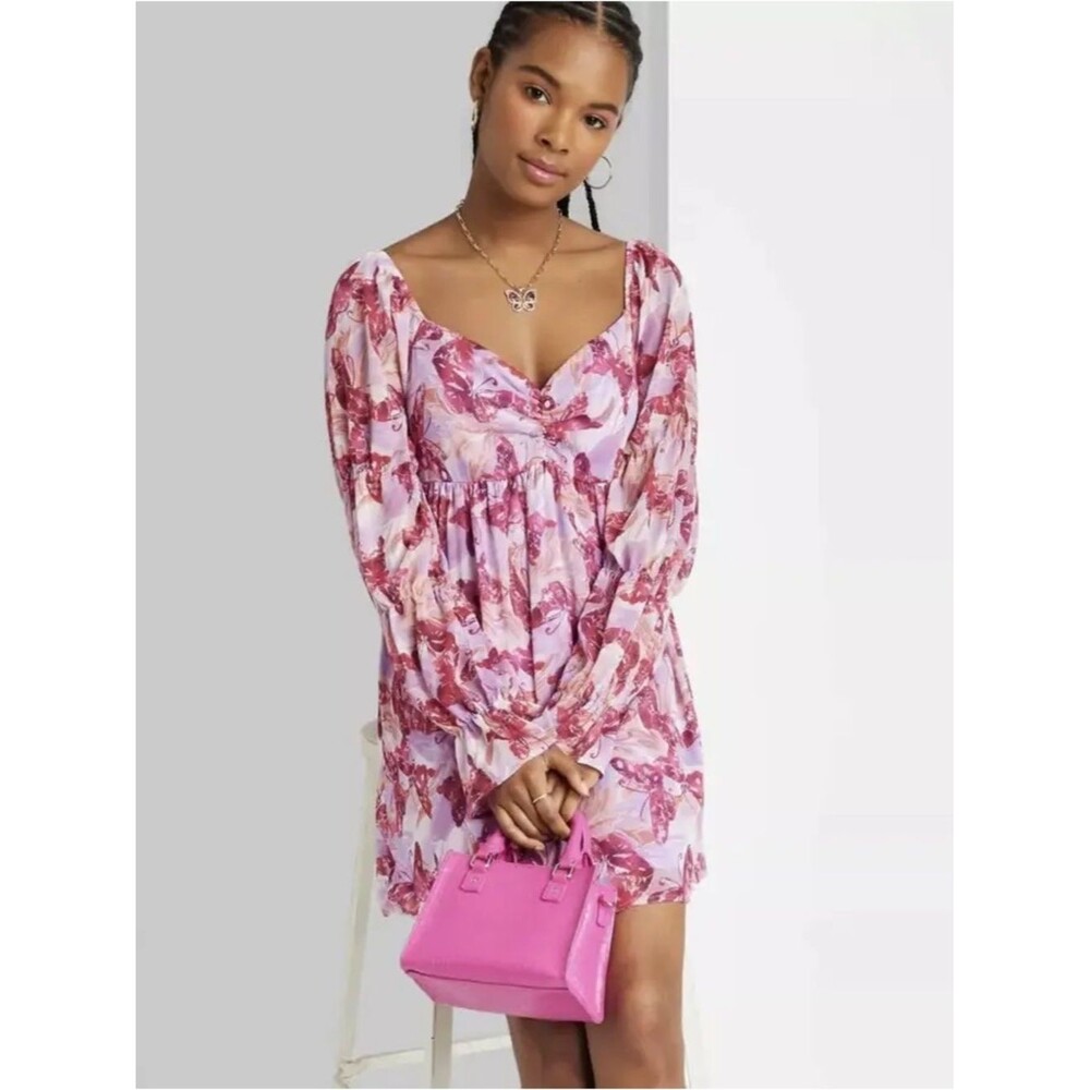 NEW Pink Puff-Sleeve Butterfly Y2K Print Women's Mini Dress